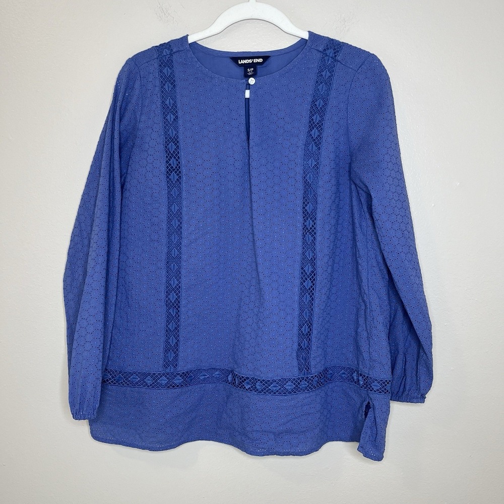 Women's Top Blouse Eyelet Lace Periwinkle Boho‎ Long Sleeve Costal Cottage Blue